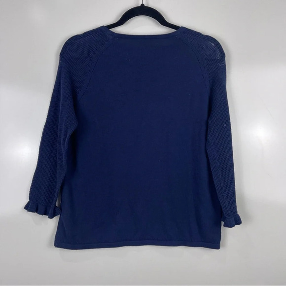 J. McLaughlin Navy Blue Cotton Sweater Ruffle Trim Sleeves Size XS - Picture 2 of 7